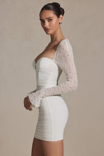 Annabella™ - Robe courte blanche ornée de perles