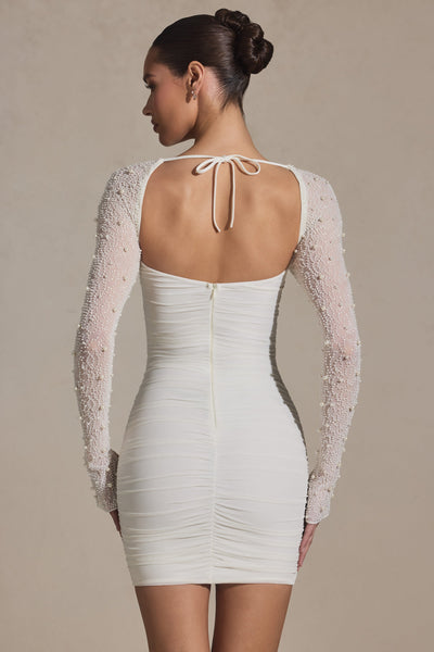 Annabella™ - Robe courte blanche ornée de perles